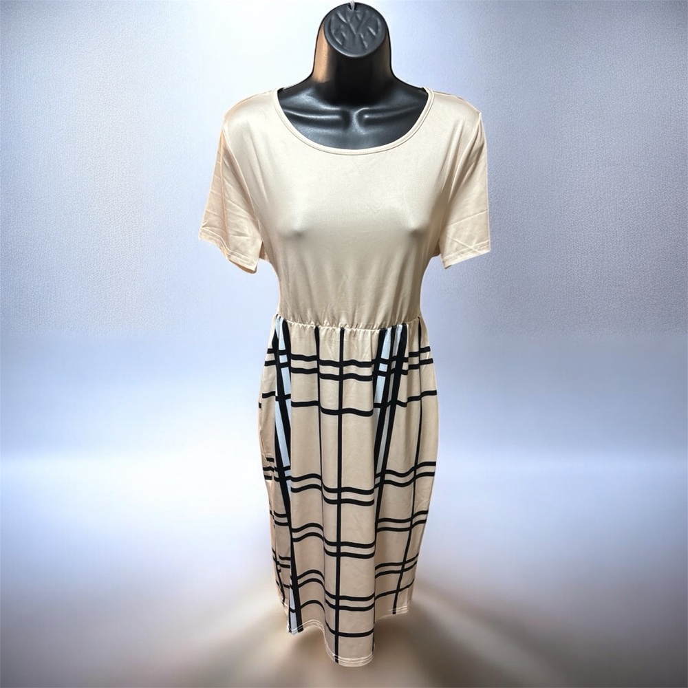 SHEIN LADY Short-sleeved Scoop Neck Tan and Black Plaid Belted Dress